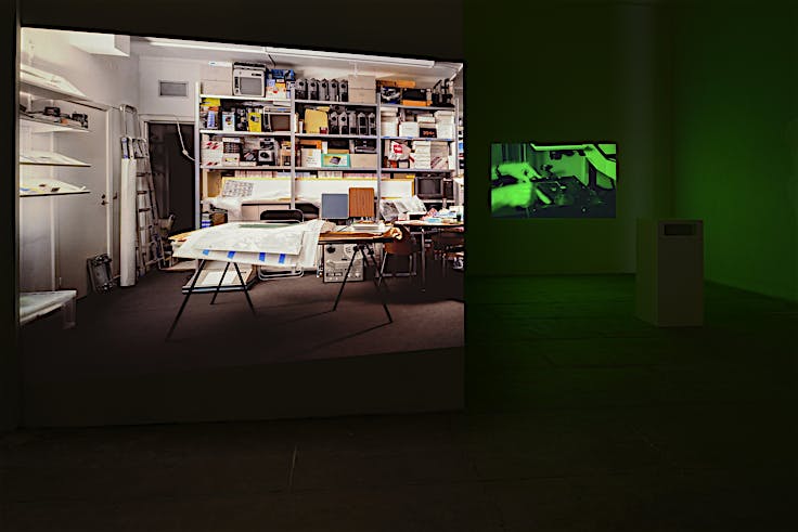 Exhibition view of medium format slide installation Punctuation (3:54), 2016, and film installation Punctuations & Perforations, 2016. Solo exhibition Register at T293, Rome. October 2016 until December 2016