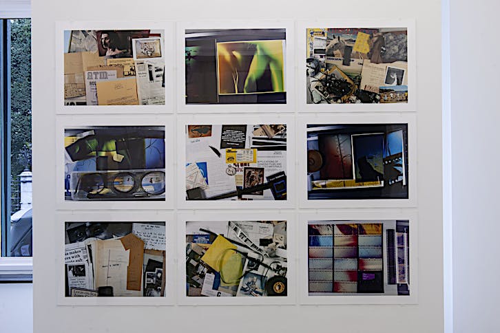Tris Vonna-Michell, Boxed Matter, 2022, set of 9 inkjet prints, 31,8 x 76,2 cm (each). Installation view of Vonna-Michell: back segments at Jan Mot, Brussels, 2022