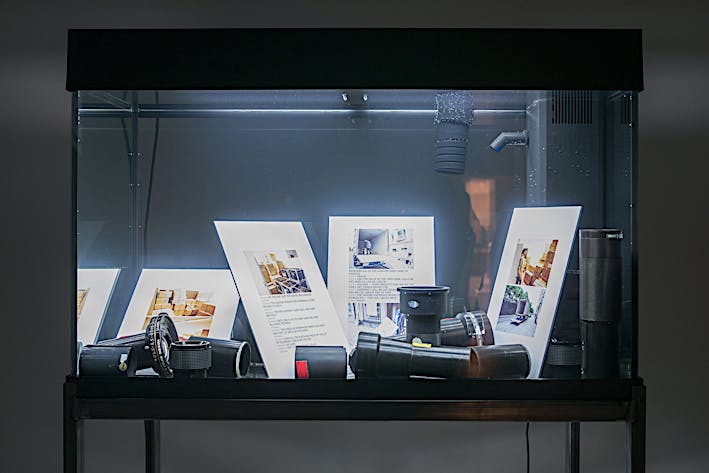 Exhibition view of aquatic installation Vessel: Yorktown Express, 2017. Solo exhibition Punctuations & Perforations at La Verrière, Brussels. April 2017 until May 2017