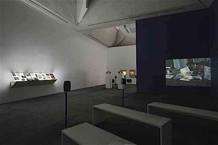 Exhibition view of lightbox installation, Addendum I (Finding Chopin: Dans l’Essex), 2014, and 2K video projection Finding Chopin: Dans l’Essex, 2014, and 35mm slide installation Postscript IV (Berlin), 2014, at Turner Prize 2014 exhibition, Tate Britain, London. September 2014 until January 2015