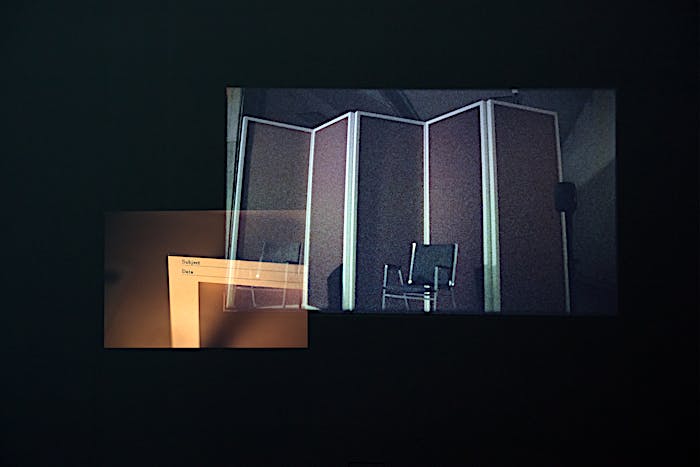 Exhibition detail of Chopin, 35mm slide and 2K video installation accompanied by soundwork on headphones. Solo exhibition Material Longevities at Galeria Francisco Fino, Lisbon. May 2018 until July 2018