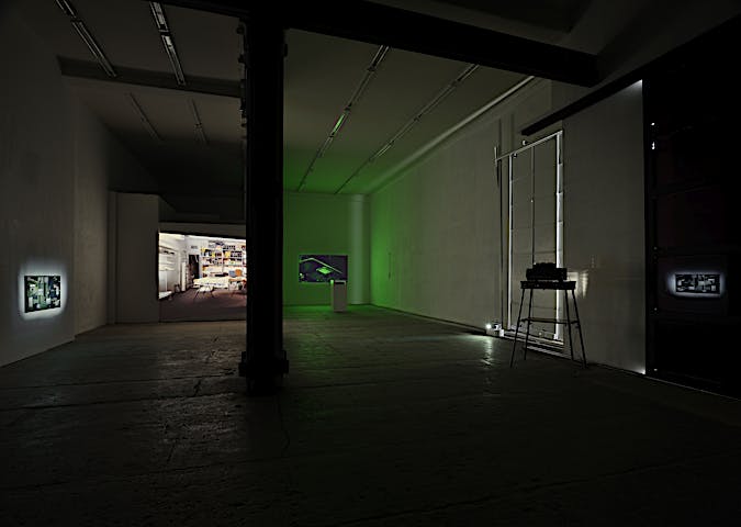 Exhibition view of Perforations (Wasteful Illuminations) dibond print, 2016, medium format slide installation Punctuation (3:54), 2016, and film installation Punctuations & Perforations, 2016. Solo exhibition Register at T293, Rome. October 2016 until December 2016