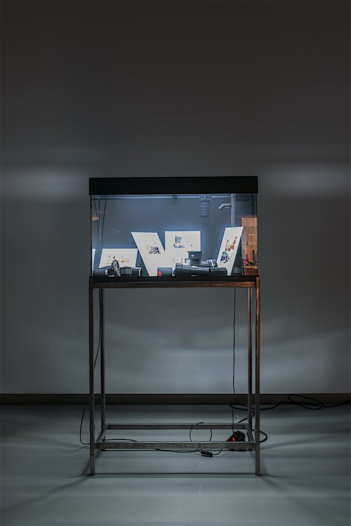 Exhibition view of aquatic installation Vessel: Yorktown Express, 2017. Solo exhibition Punctuations & Perforations at La Verrière, Brussels. April 2017 until May 2017