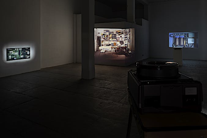 Exhibition view of Perforations (Wasteful Illuminations) dibond print, 2016, medium format slide installation Punctuation (3:54), 2016, and film installation Punctuations & Perforations, 2016. Solo exhibition Register at T293, Rome. October 2016 until December 2016