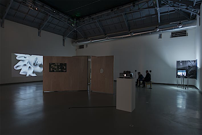 Exhibition view of Smoke & Mirrors, 2017, Registers, 2017, and Vessel: Yorktown Express, 2017. Solo exhibition Punctuations & Perforations at La Verrière, Brussels. April 2017 until May 2017