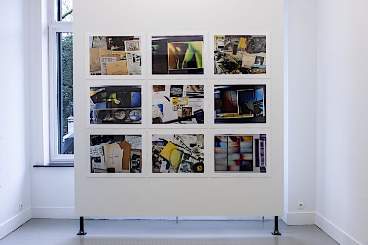 Tris Vonna-Michell, Boxed Matter, 2022, set of 9 inkjet prints, 31,8 x 76,2 cm (each). Installation view of Vonna-Michell: back segments at Jan Mot, Brussels, 2022