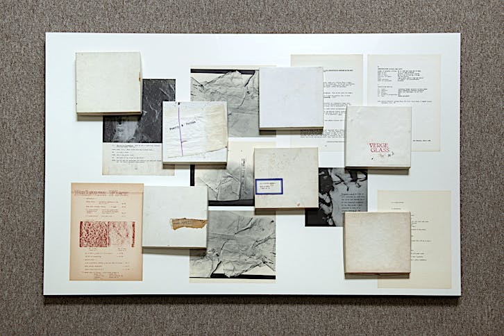 Vonna-Michell, Boxed Matter, 2022, table, plexiglass, printed matter from E.E. Vonna-Michell and Balsam Flex, 7 boxes with biodegradable elements, 120 x 80 cm (table), 18,3 x 18,3 cm (boxes, each). Installation view of Vonna-Michell: back segments at Jan Mot, Brussels, 2022