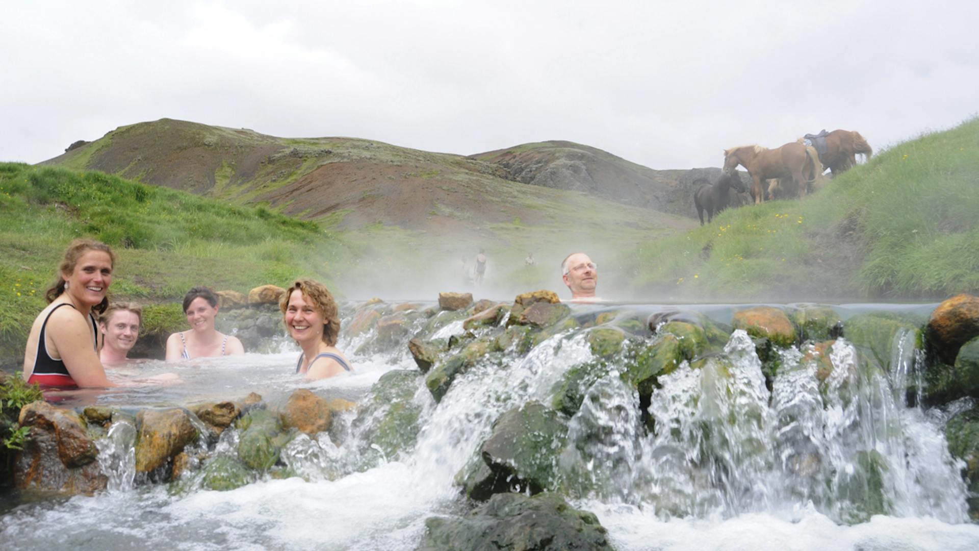 People bathe in a warm geothermal river with horses in the background.