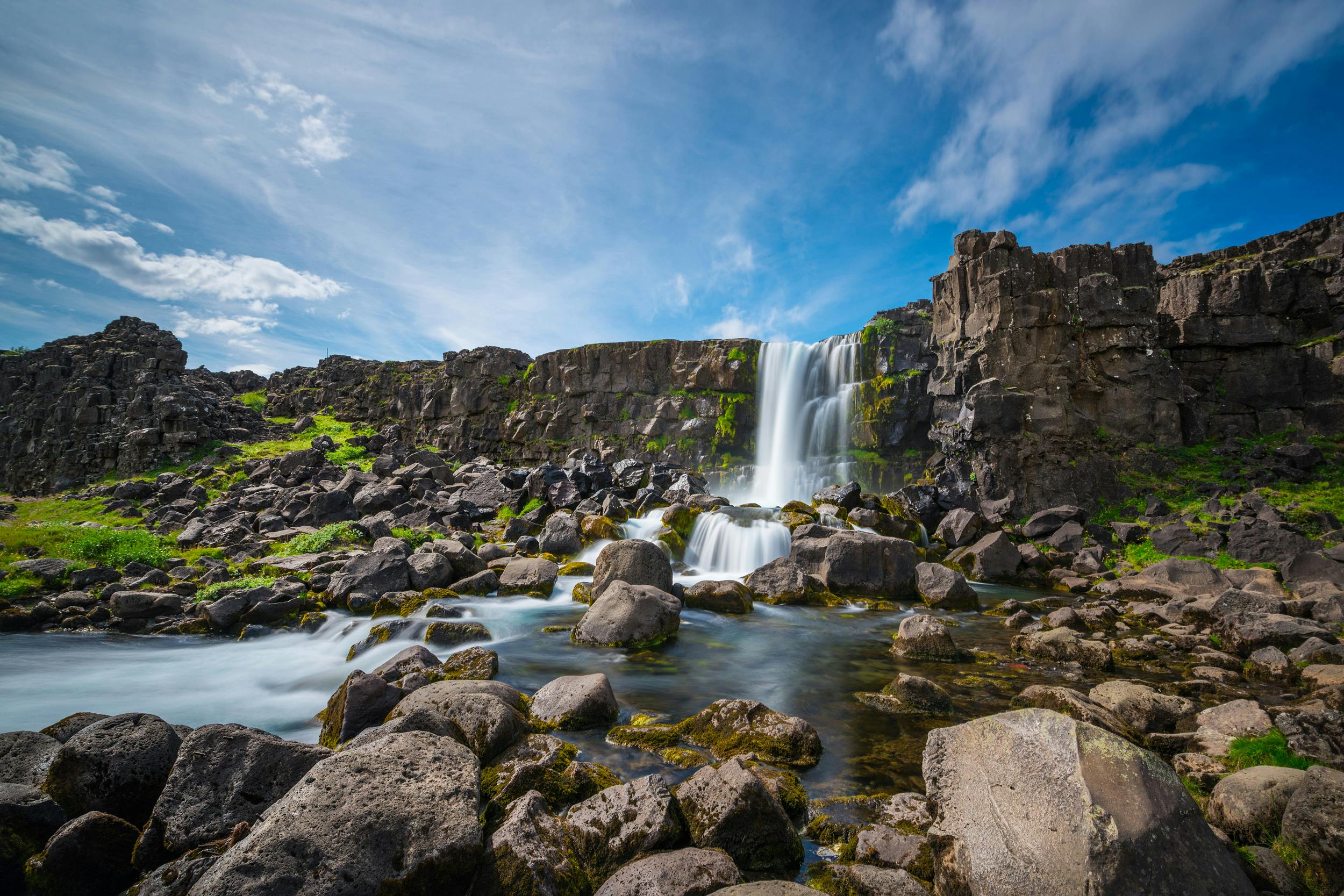 A waterfall in Thingvellir National Park, in Iceland.