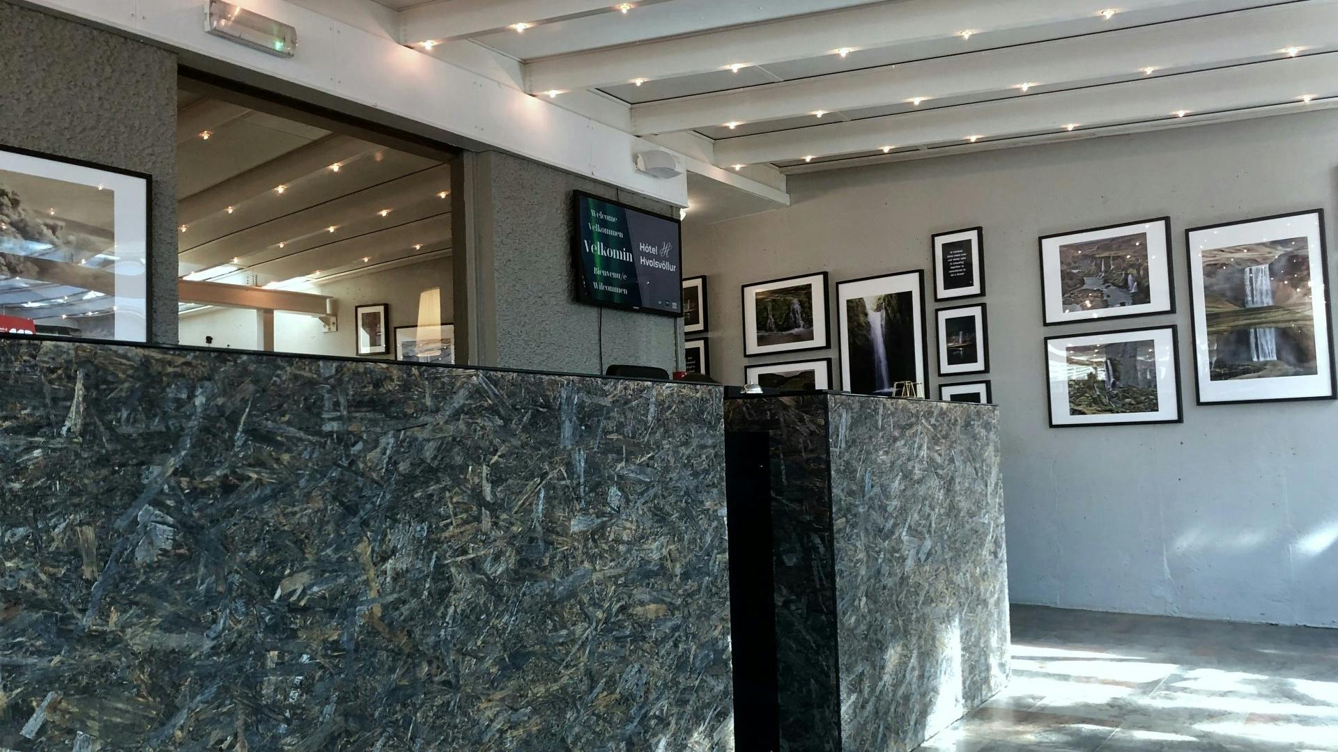 Lobby area of a hotel in the south of Iceland.