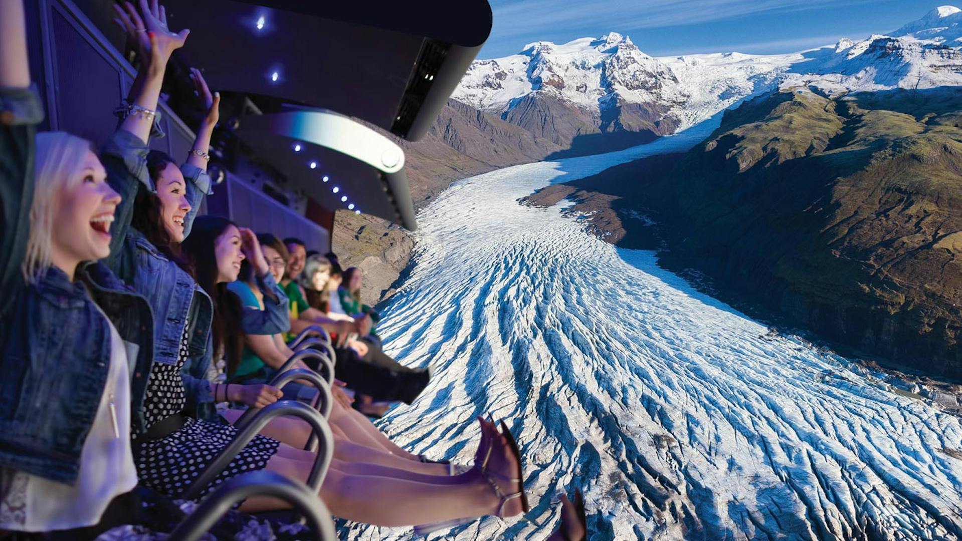 People sitting on airplane-like seats enjoying Icefall from Skaftafell