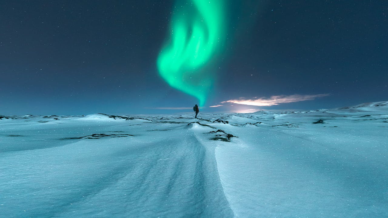 A man standing and watching the Northern Lights