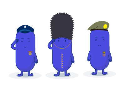 3 tall Troopr mascots saluting while wearing different military hats