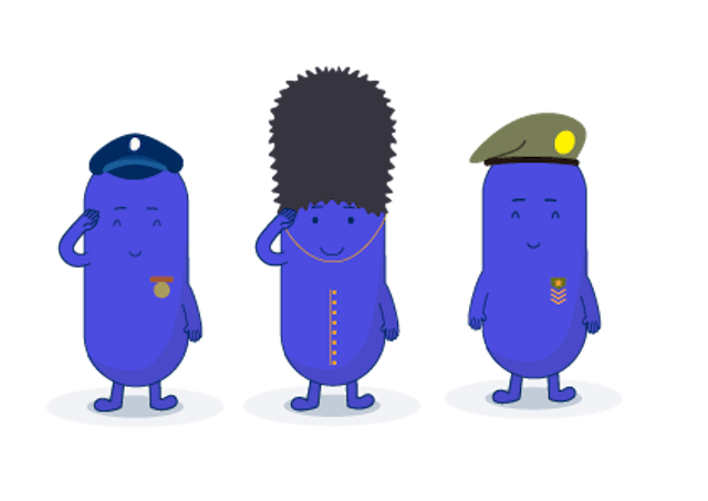 3 tall Troopr mascots saluting while wearing different military hats