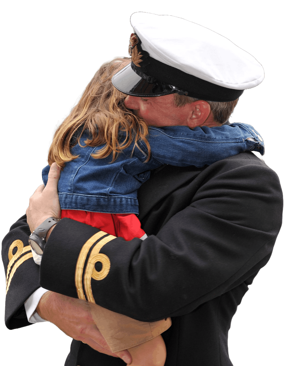 Naval officer hugging daughter isolated