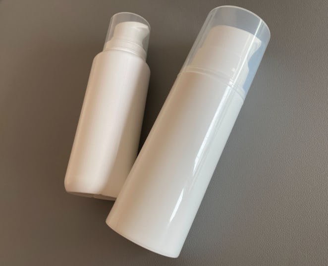 The new Tropic Labs airless packaging (left) vs. conventional airless packaging of the same size (right)