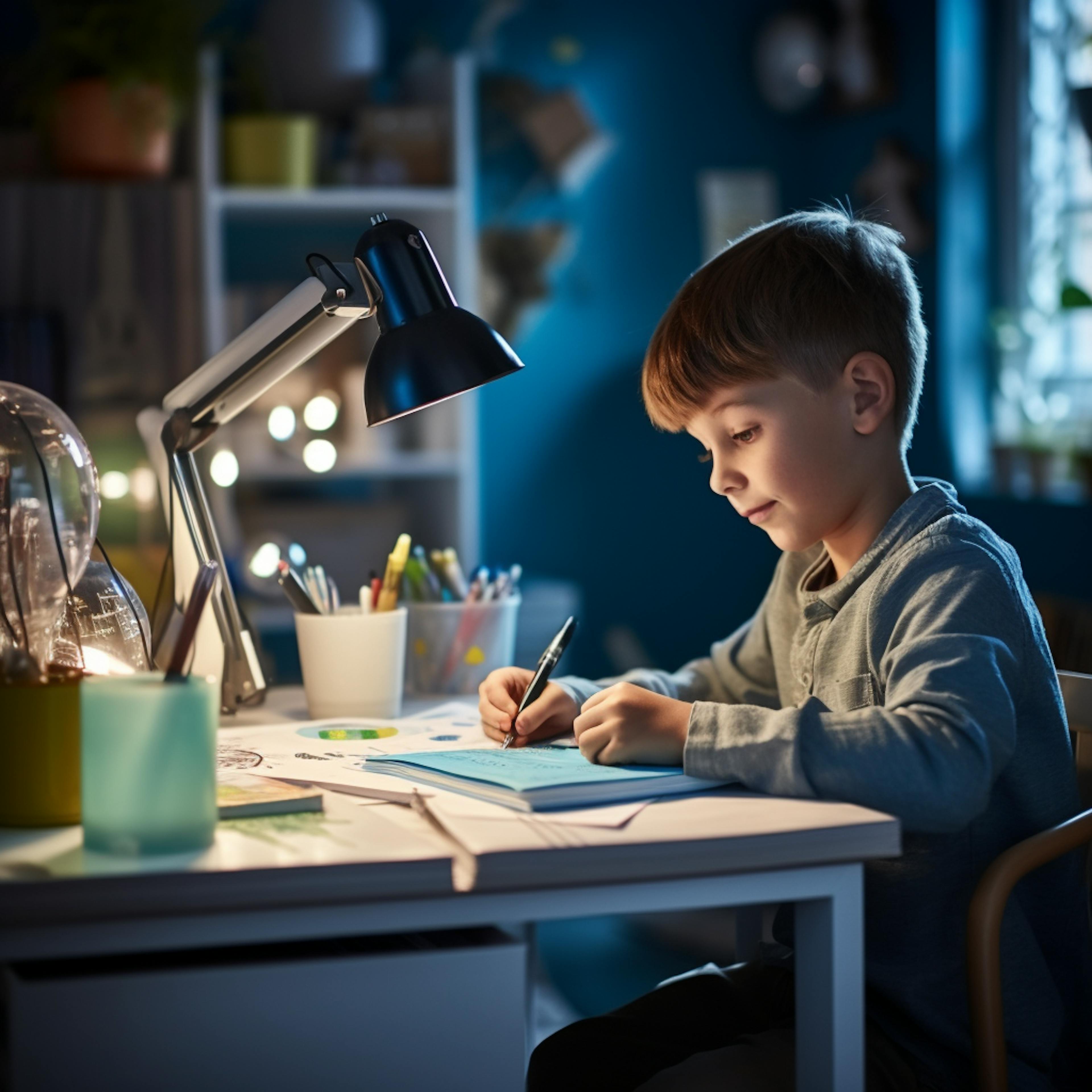 dítě u psacího stolu v pokojíku řeší domácí úkoly do školy z češtiny nebo matiky