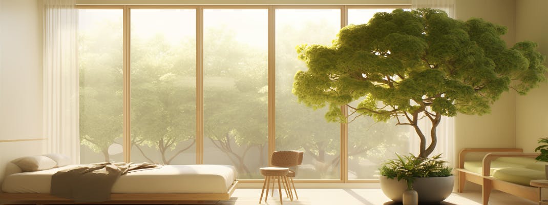 Ein grossgewachsener Bonsai in einem hellen Schlafzimmer, vor einer Fensterwand.