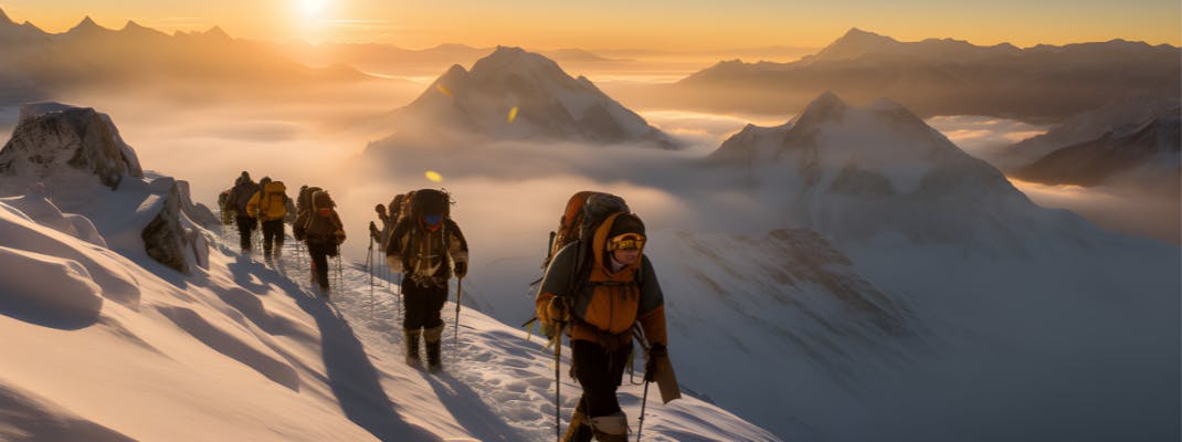 A group of experienced hikers approaching the snow-capped summit of a mountain ridge, symbolizing the path ETFs have taken.