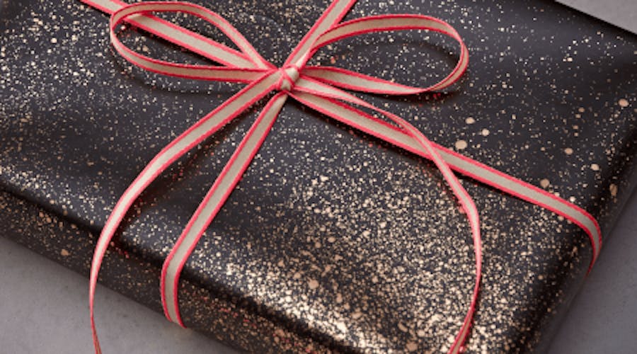 gift wrapped with neon-edged parcel ribbon
