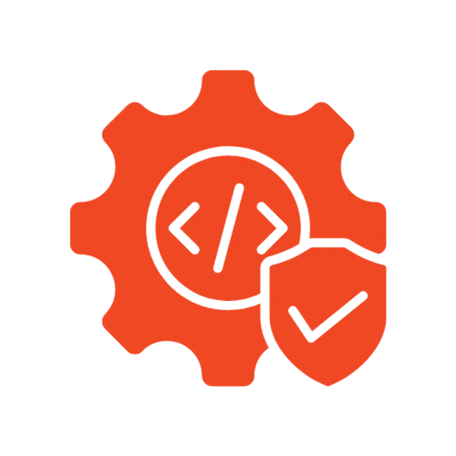 Cog with coding symbol and check mark in shield 