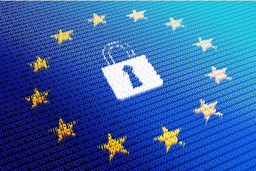 European Union, with a padlock symbol in the center made out of binary code