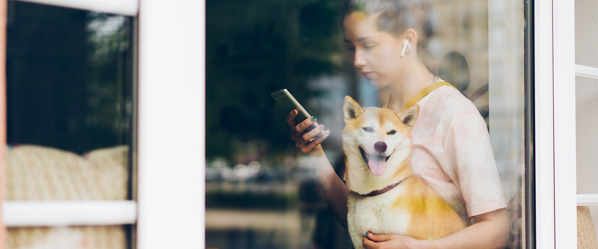 A woman sitting by a large window in a cafe, a Shiba Inu dog on her lap