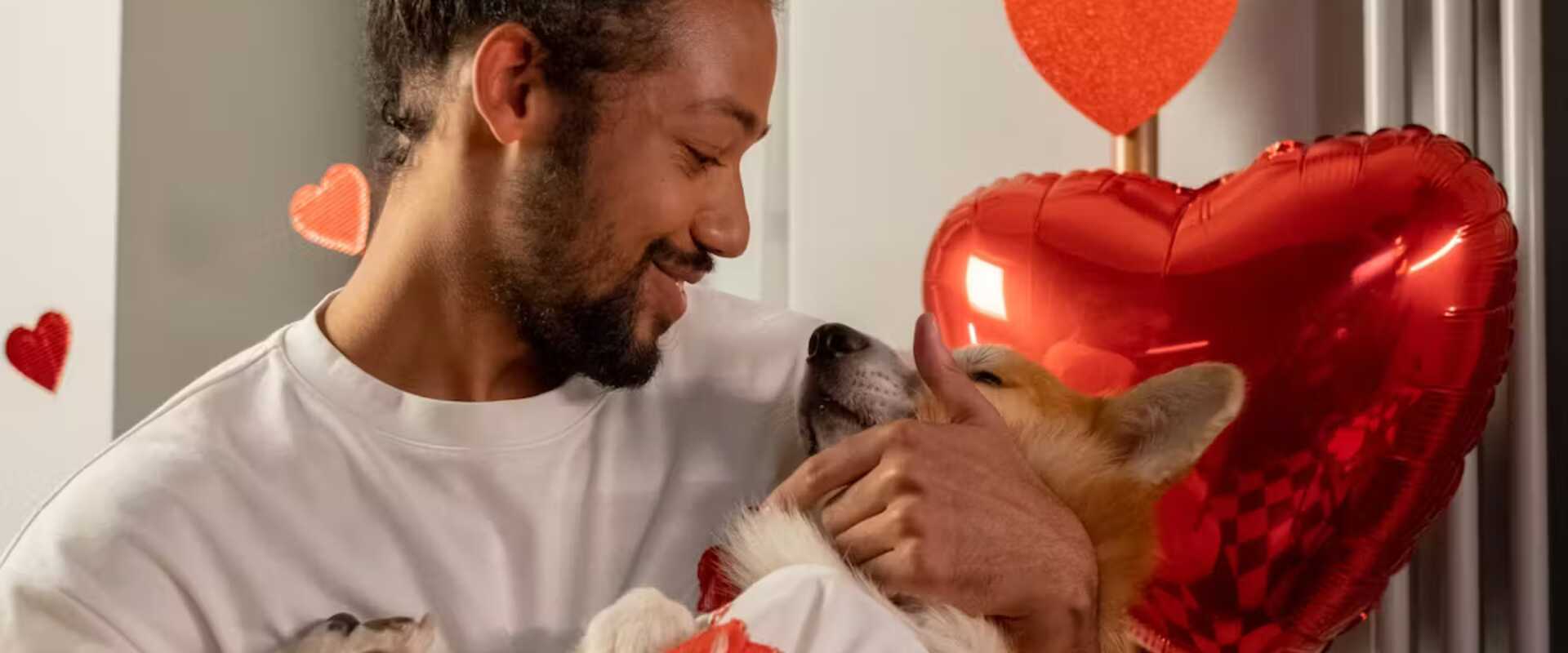 Man and dog with heart balloons.