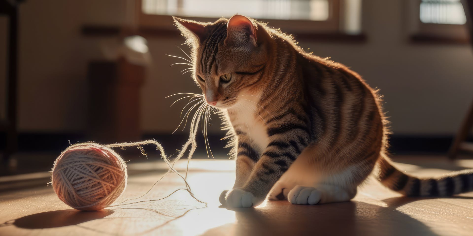 A cat playing with a ball of string.