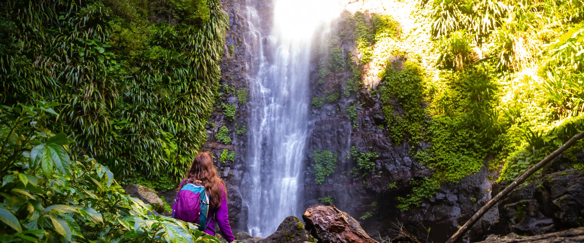 a cascading waterfall in the daintree rainforest in australia being observed by a solo female traveler
