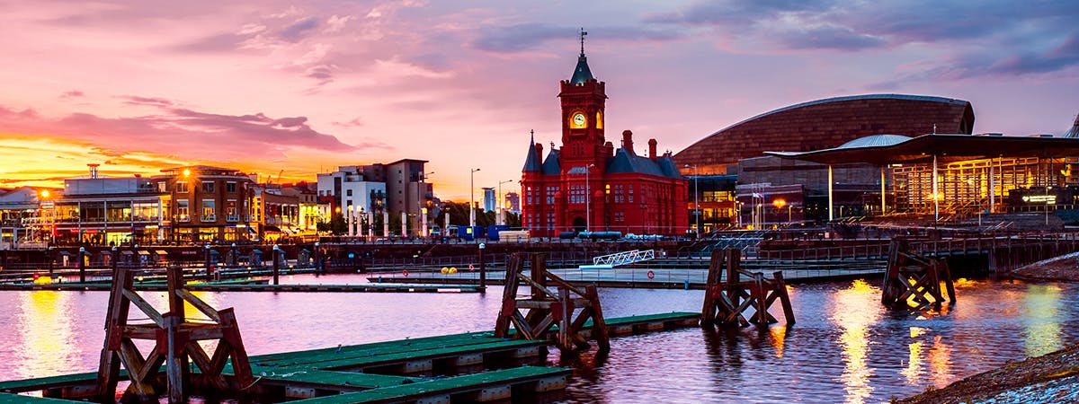 Waterfront at night in Cardiff, UK 
