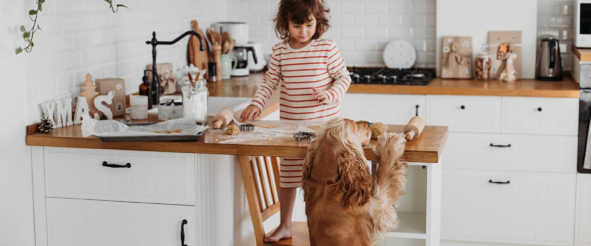 Young girl baking with her dog