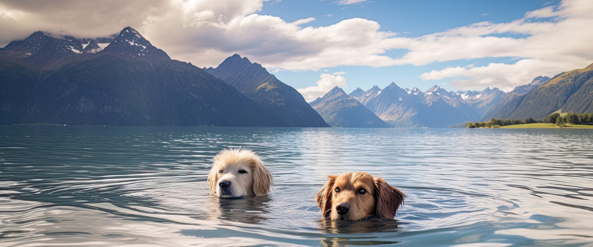 two dogs swimming in a mountain lake
