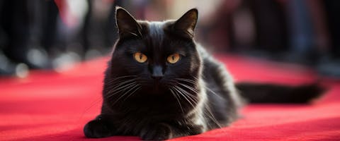 black cat sat on a red carpet outside