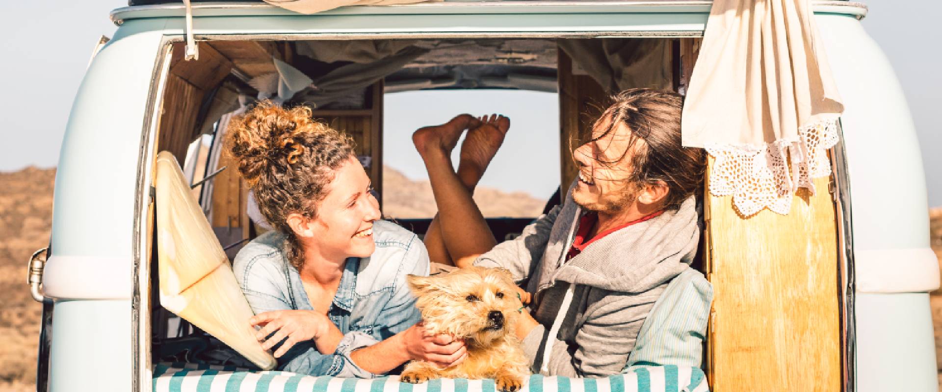 Couple in a van on a road trip with a dog
