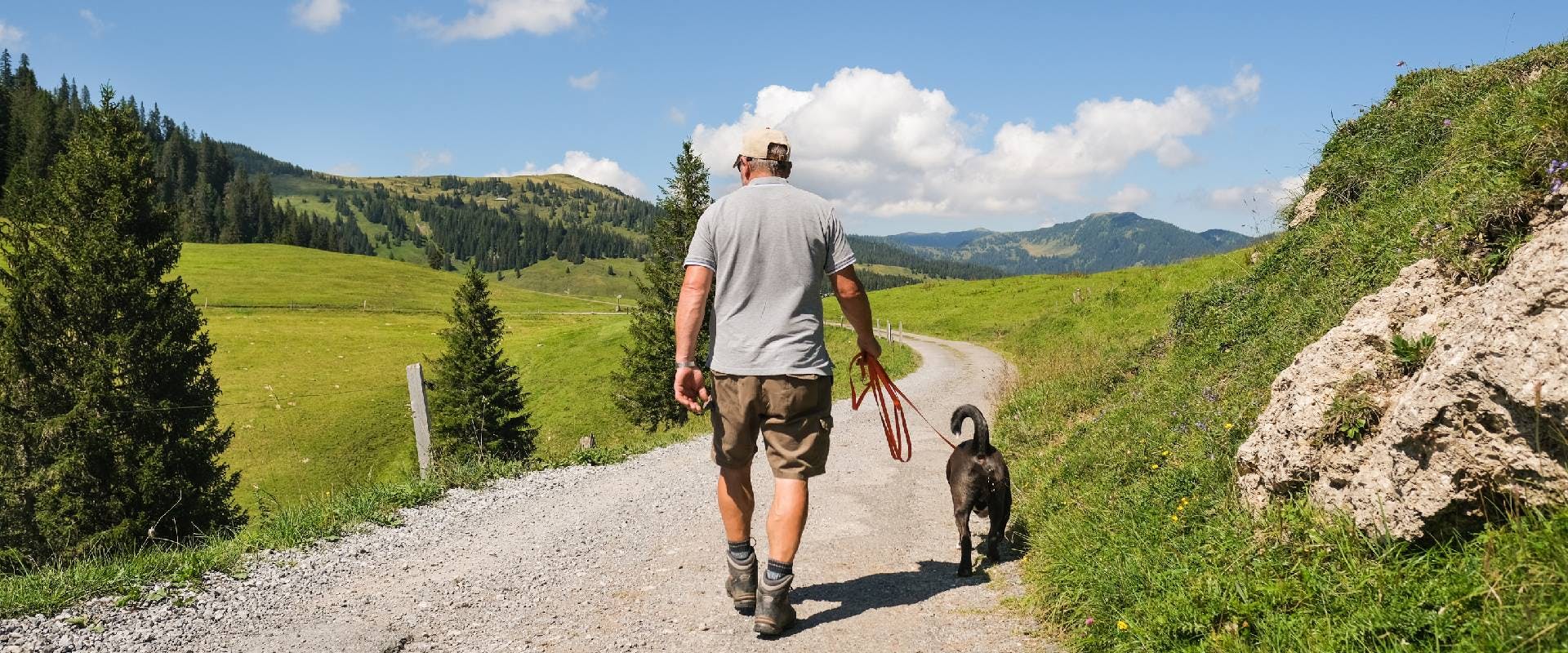 Man walking a dog in a mountainous area