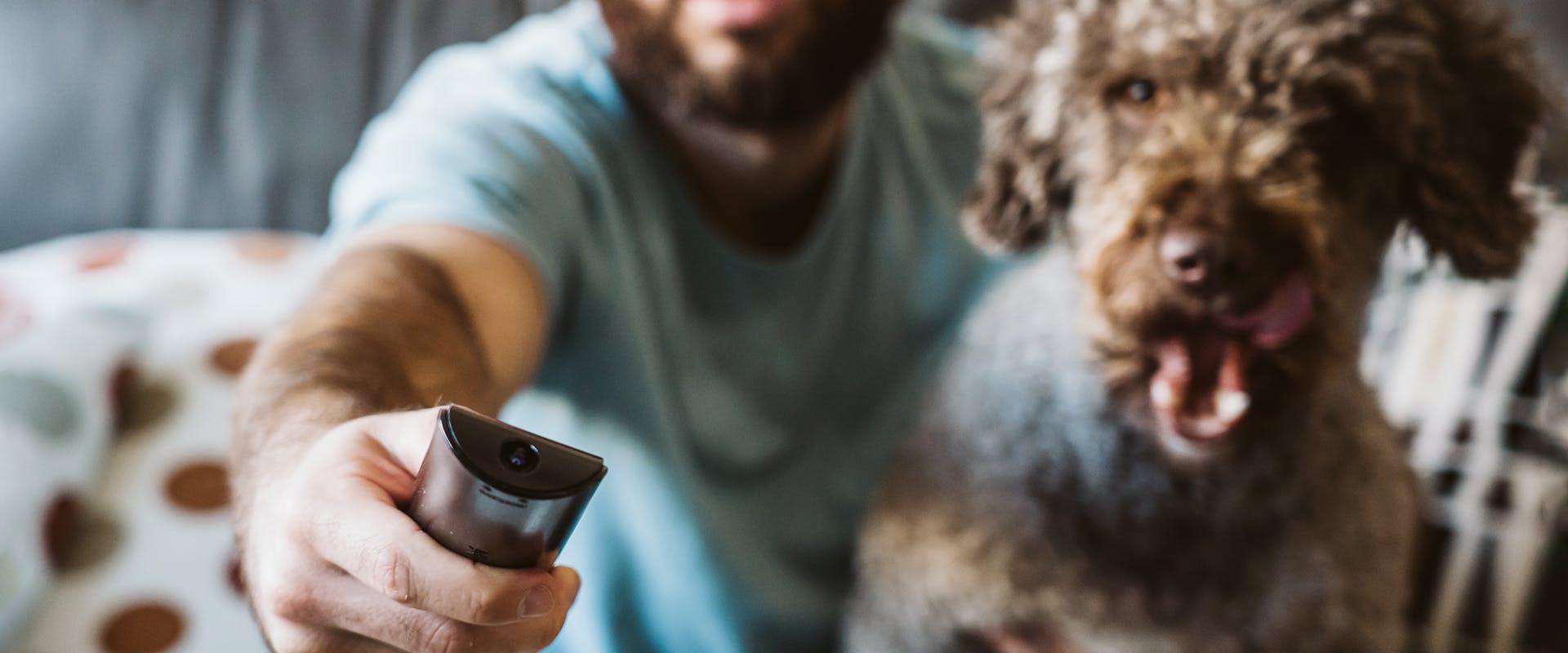 A man, sitting next to a dog, pointing a TV remote