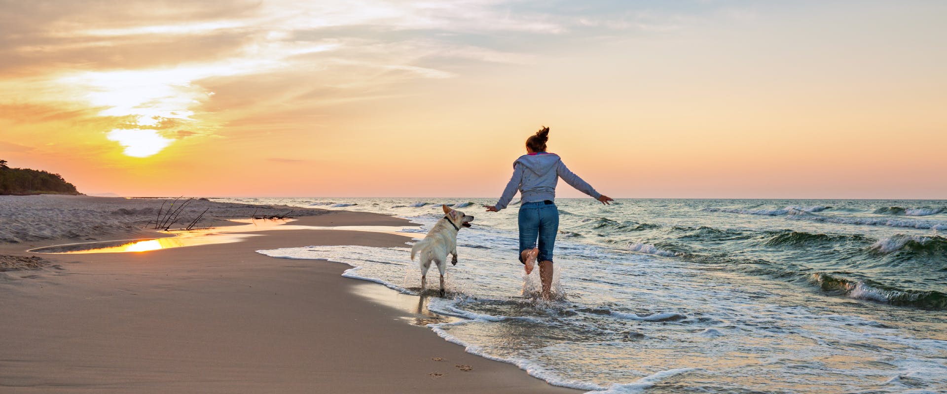 A woman runs along a beach with a dog.