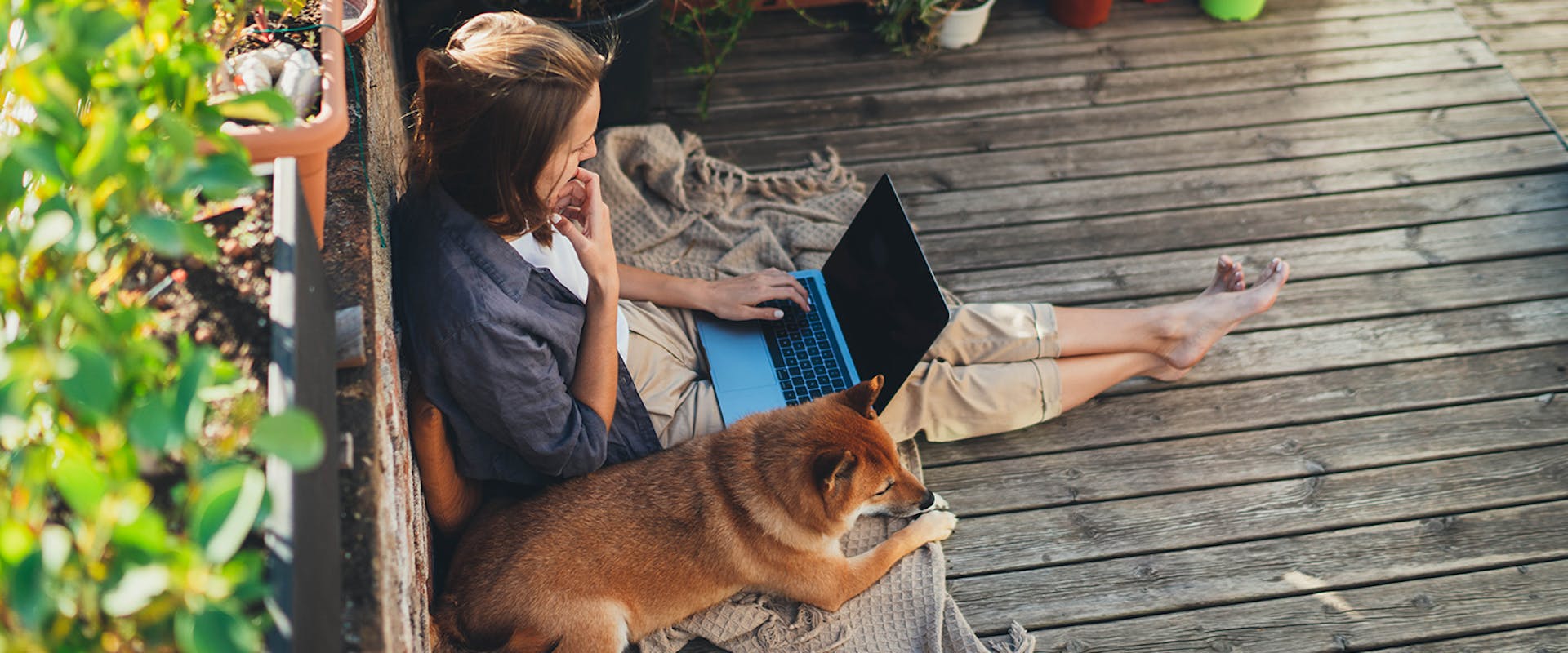 A woman sitting on her laptop in a sun-lit garden, with a small dog sitting at her side