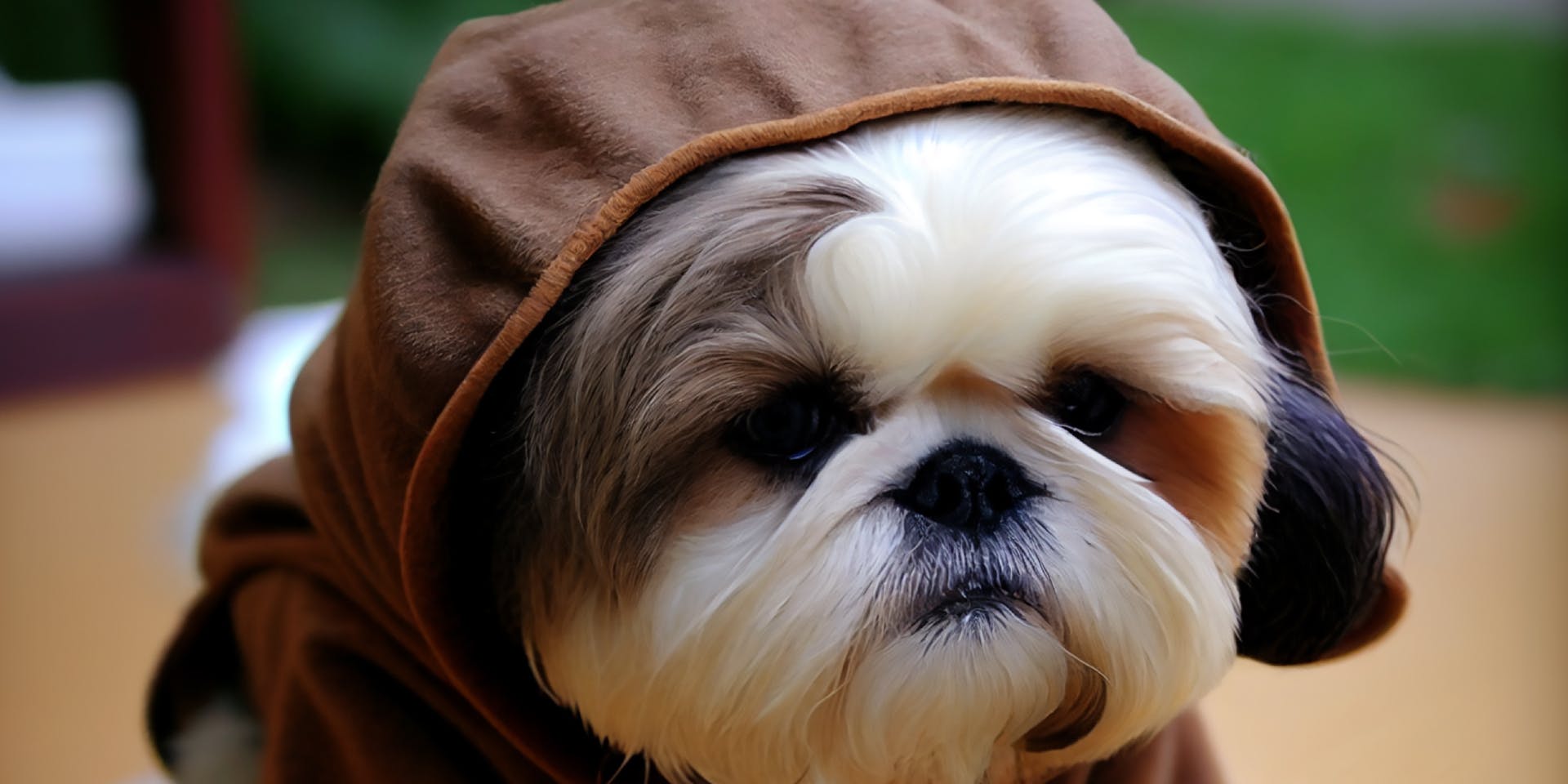 A dog wearing an Ewok costume.