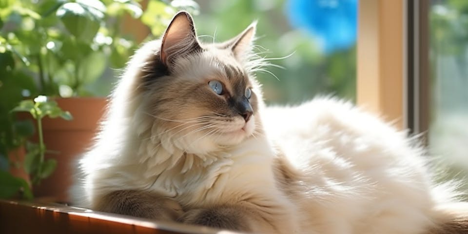 A ragdoll cat sitting in the sun.