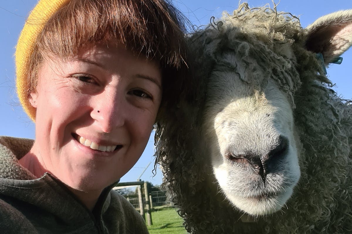Woman taking a selfie with a sheep