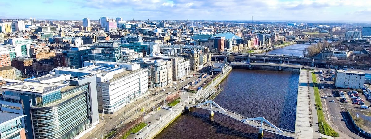 Aerial image of Glasgow Cityscape from over the River Clyde near the city centre