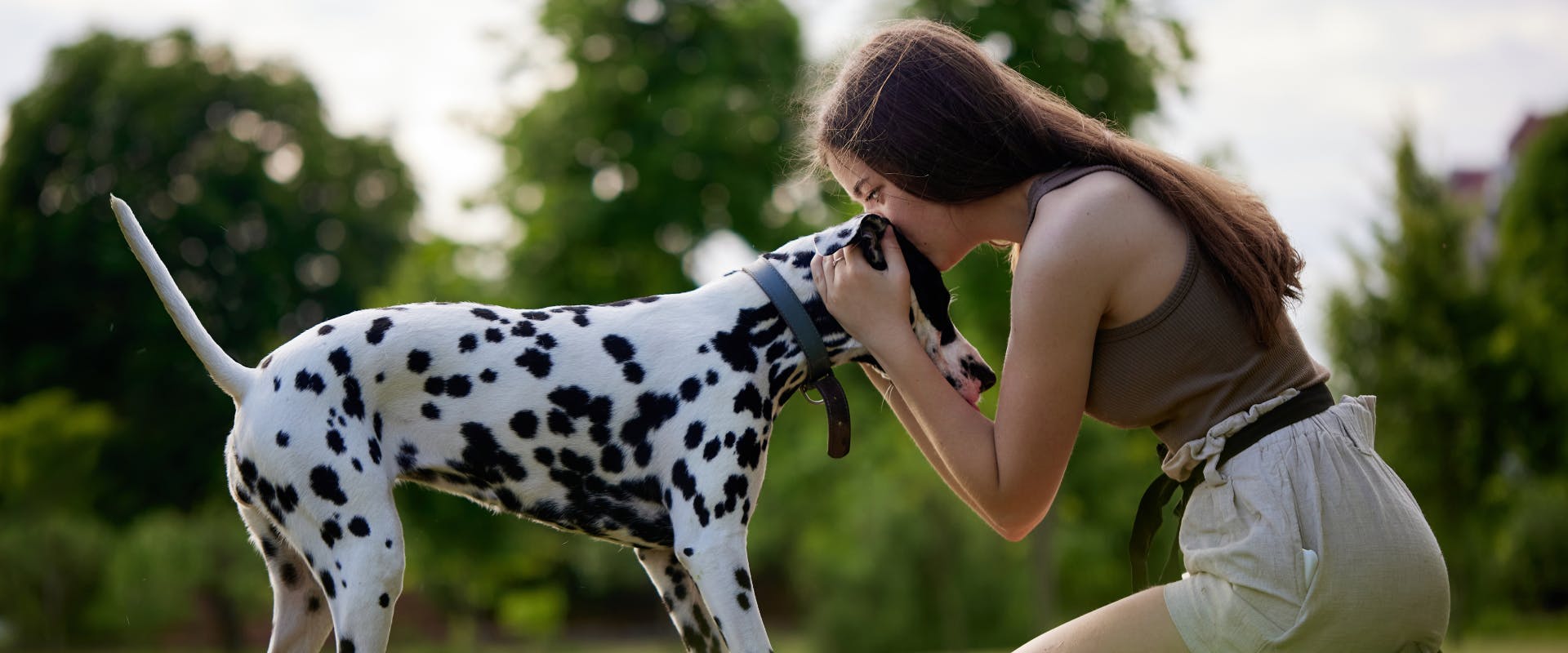 dalmation puppy being kissed by a woman in a park