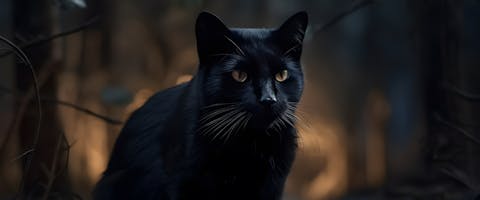A black cat sits in a woodland.