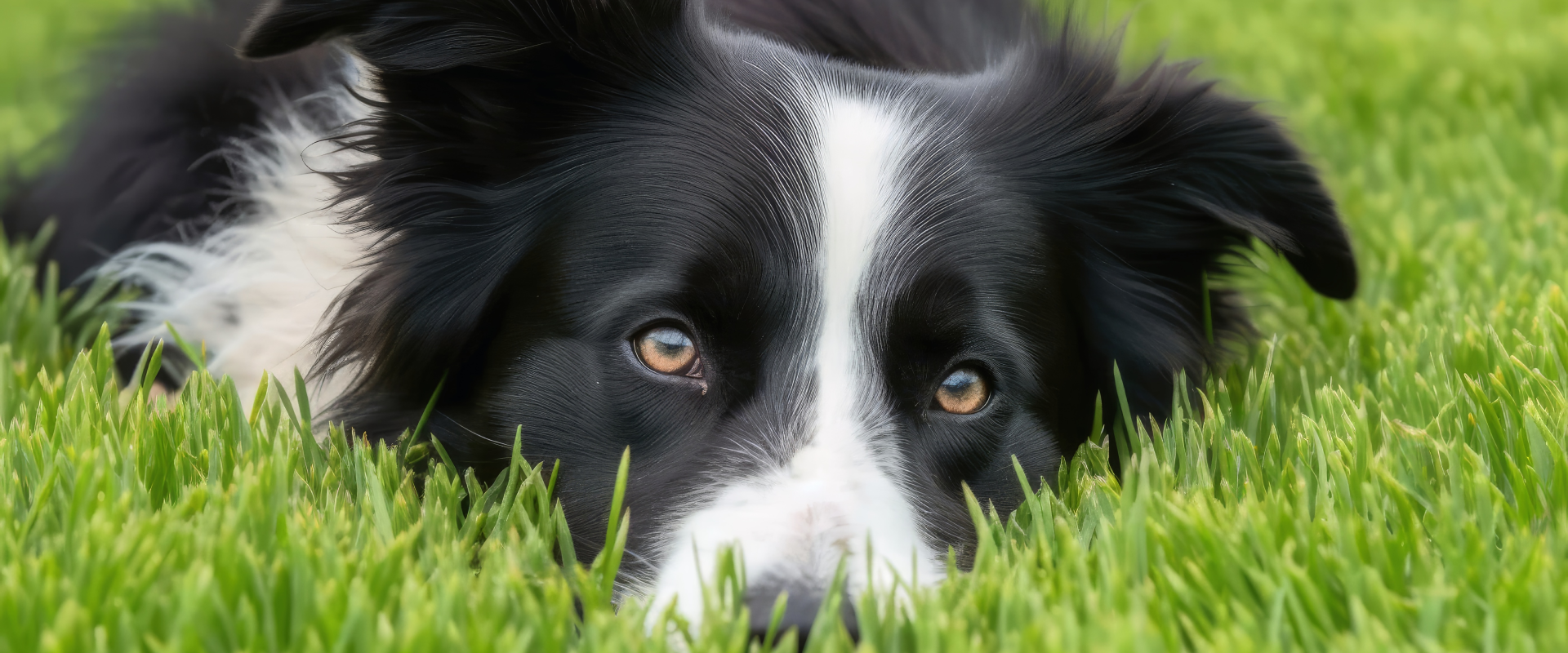 A dog lying on the grass. 