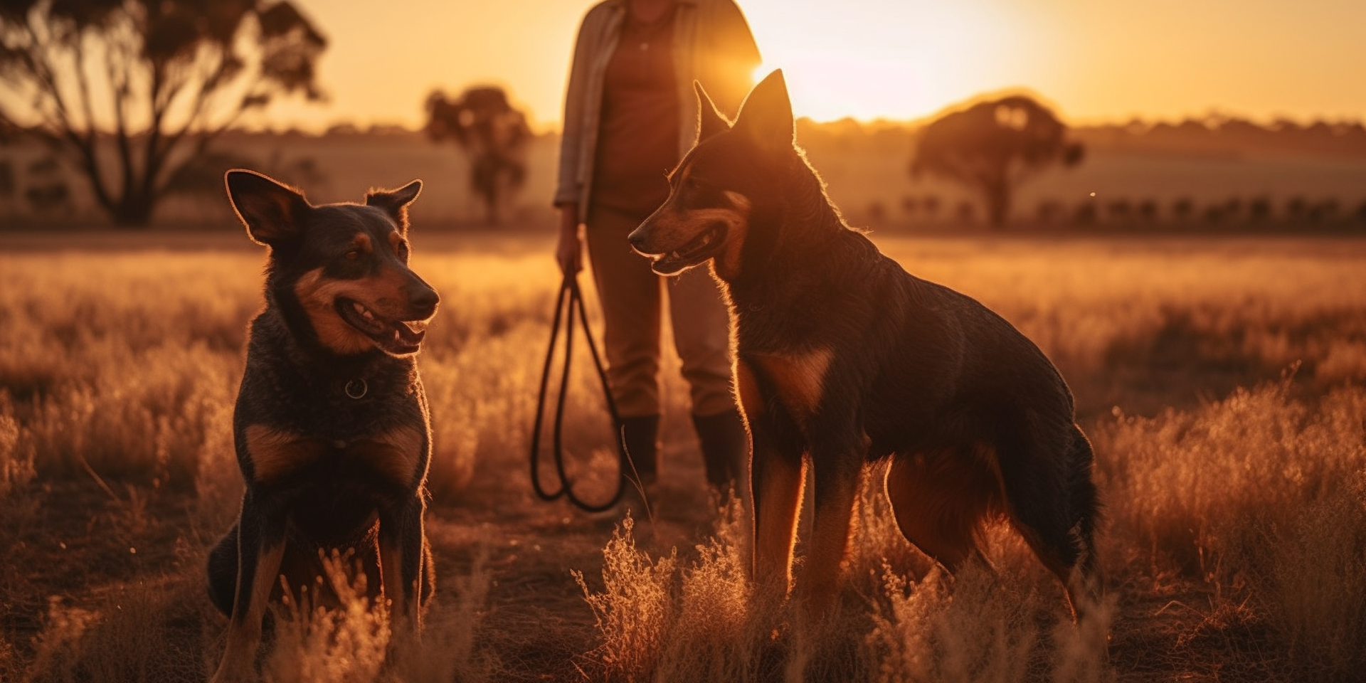 Two dogs with owner in Australian hot climate.