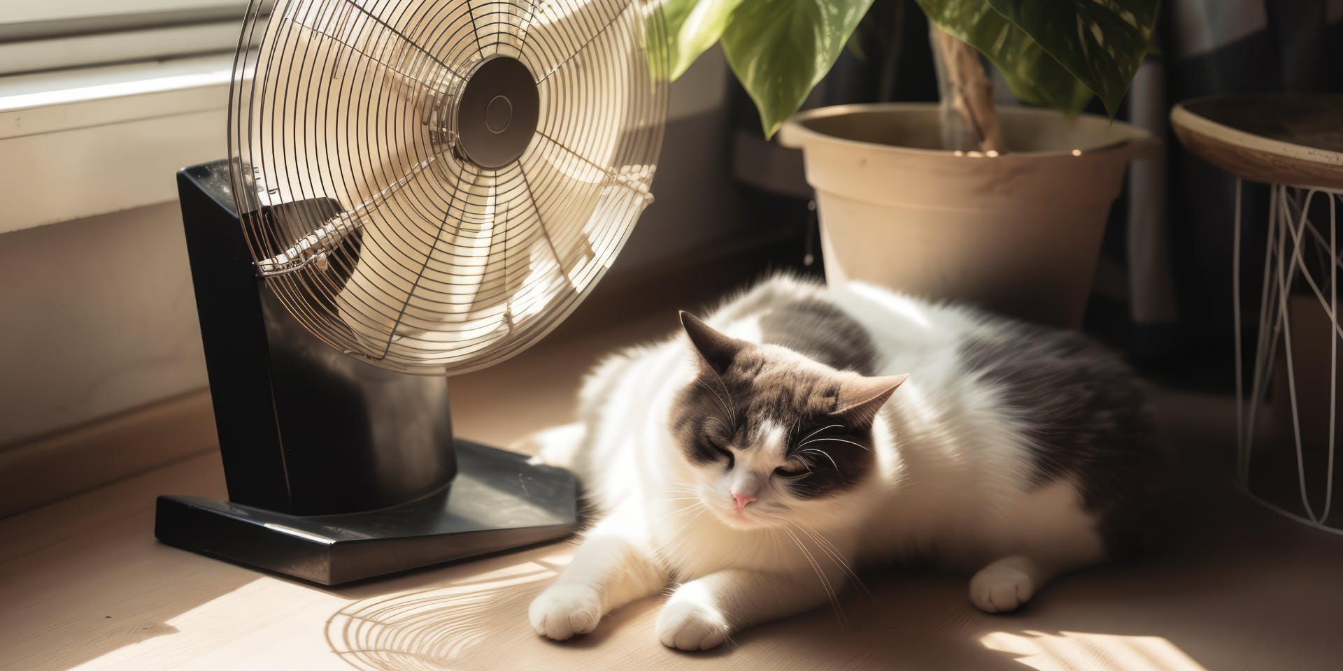 A gray and white cat sitting in the sun next to a fan.