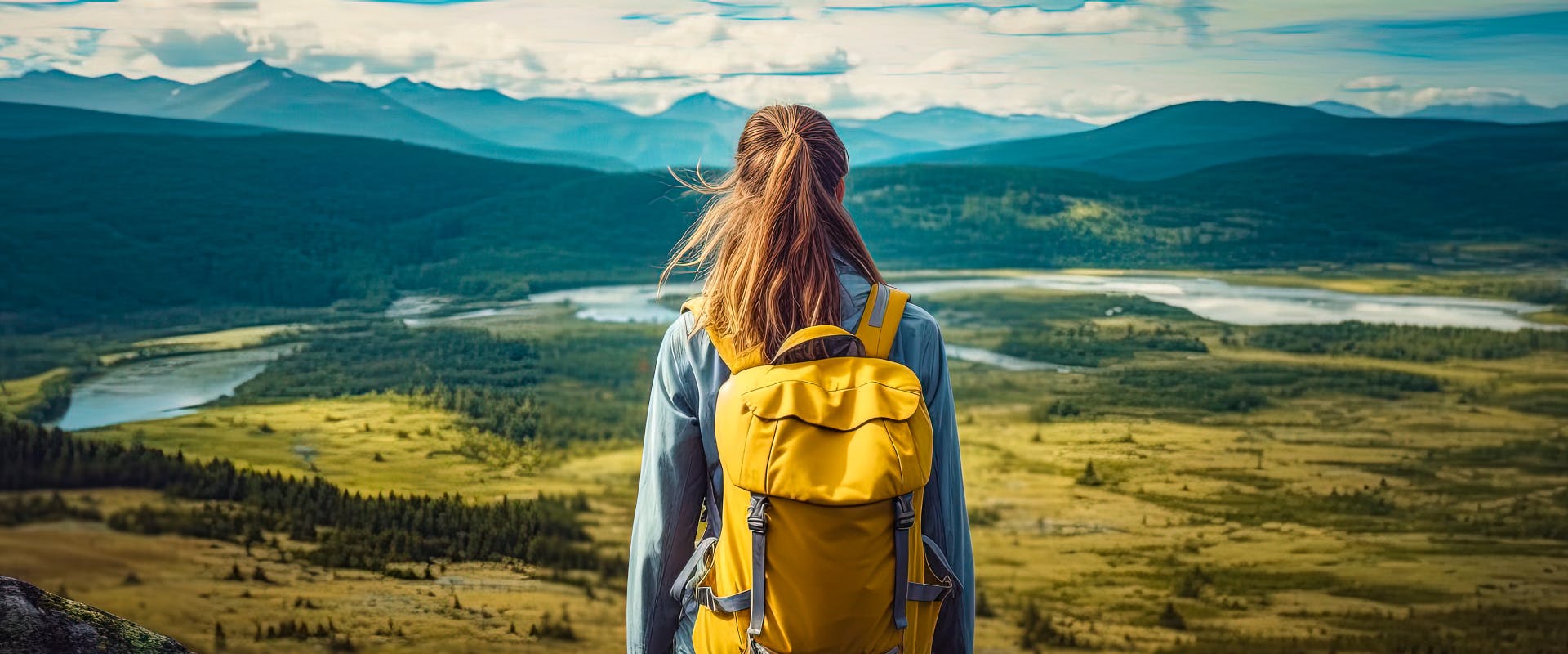 solo female hiker looking at a valley and mountain view