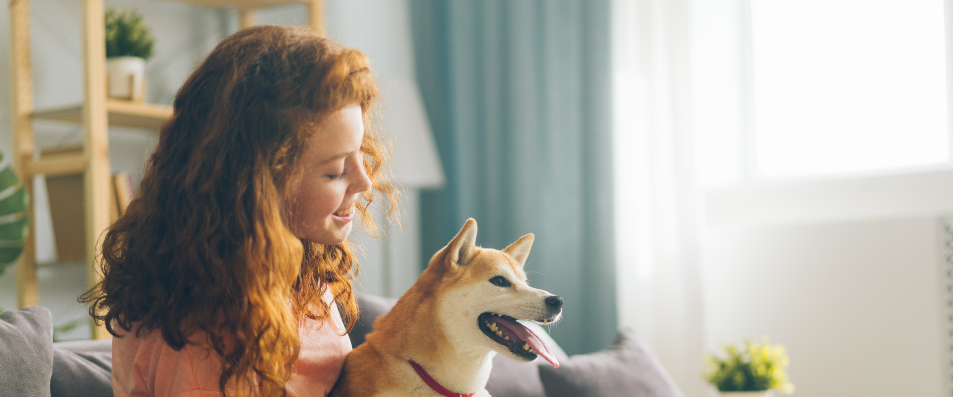 A woman and a dog sit on the sofa.